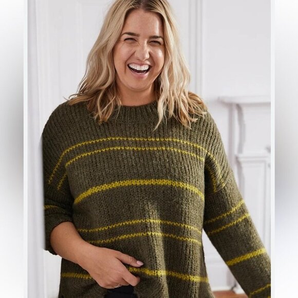 Aerie Olive Green Yellow Striped Wool Blend Crewneck Sweater Women’s Size XS - Picture 1 of 6